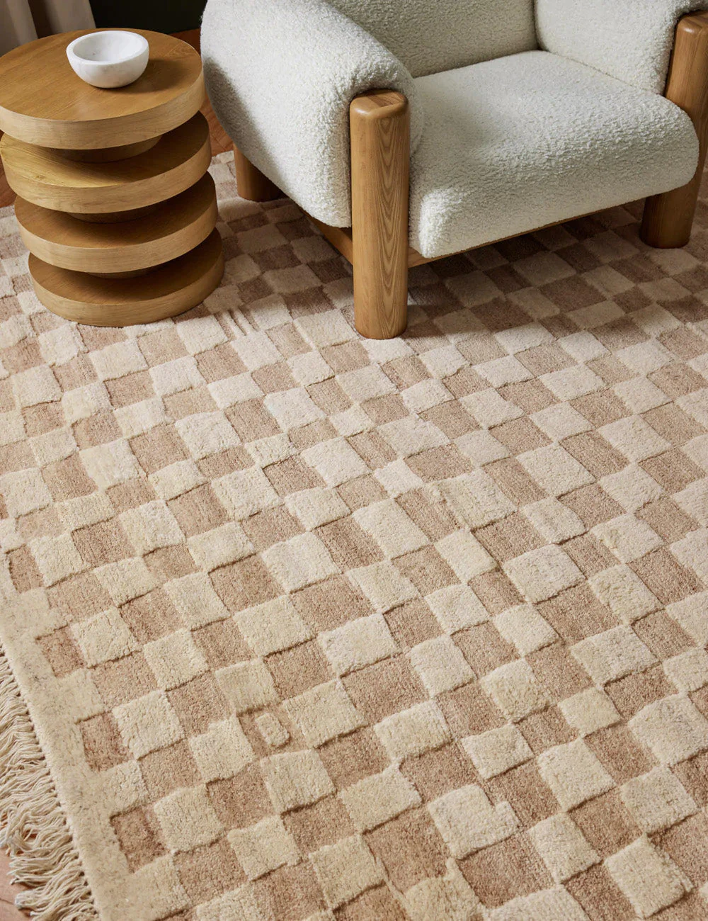 Irregular Checkerboard Hand-Knotted Wool Rug Swatch by Sarah Sherman Samuel, Natural - Image 4